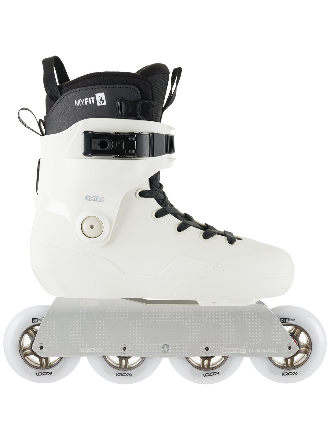 Side view of a white Iqon ACT CL Skate with aluminum frames and four white wheels with gold hubs