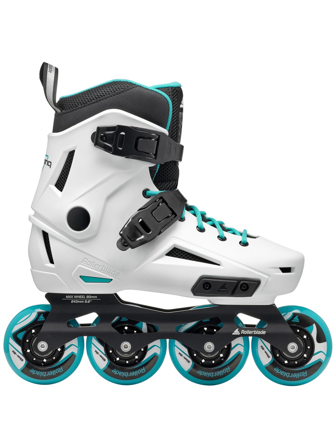Rollerblade Lightning 80 Women's Skate in white color way with light blue accents