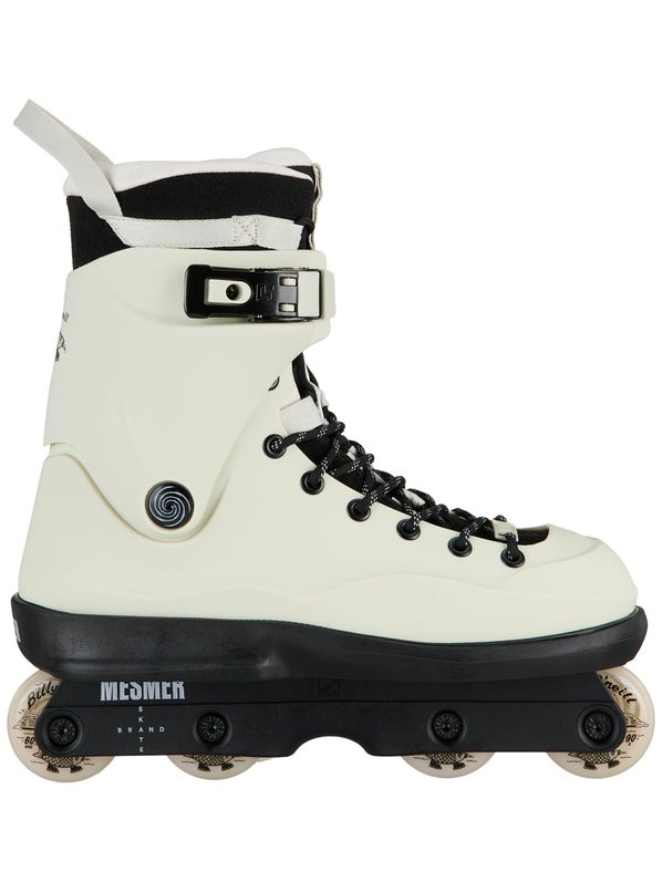Side view of an off-white aggressive skate with black laces with a circular logo by the heel.