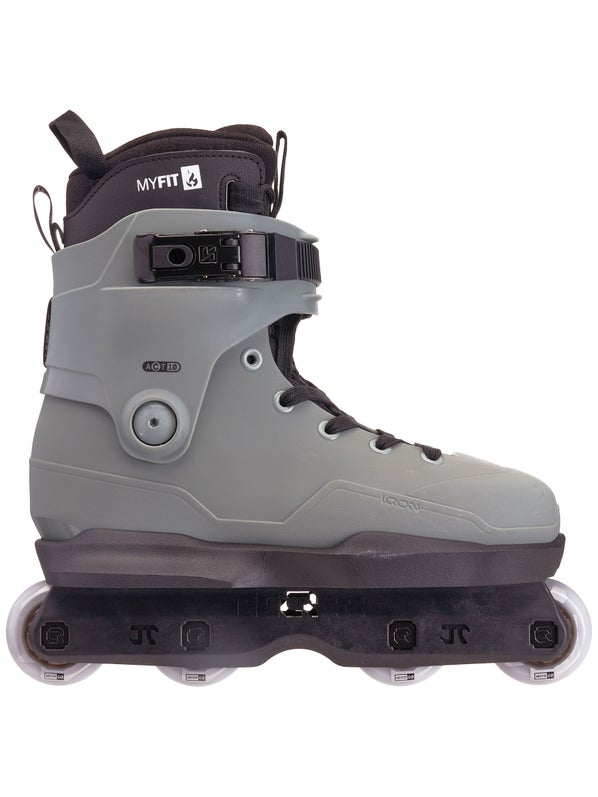 Side view of a grey high-ankle inline skate with a black cuff and strap, black frame, clear wheels, and “MYFIT” branding.