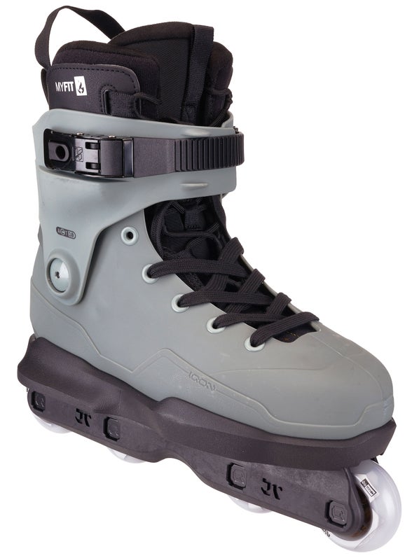 Angled view of a grey high-ankle inline skate with a black cuff and strap, black frame, clear wheels, and “MYFIT” branding.