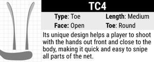 True Hockey TC4 Stick Blade Curve: Toe Curve, Medium Length, Open Face and Round Toe. Its unique design helps a player to shoot with the hands out front and close to the body, making it quick and easy to snipe all parts of the net. 