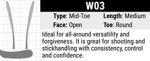 Warrior W03 Hockey Stick Blade Curve: Mid-toe Curve, Medium Length, Open Face and Round Toe. Mid curve helps cradle the puck, making it great for puck handling. Excels in wrist and snap shots and helps elevate the puck.