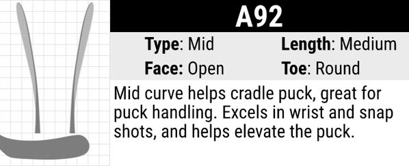 Alkali A92 Hockey Stick Blade Curve: Mid Curve, Medium Length, Open Face and Round Toe. Mid curve helps cradle the puck, making it great for puck handling. Excels in wrist and snap shots and helps elevate the puck. 