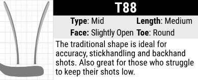 True Hockey T88 Stick Blade Curve: Mid Curve, Medium Length, Slightly Open Face and Round Toe. Traditional curve that offers excellent versatility. It is easy to control the puck with and excels on all shots including the backhand.  