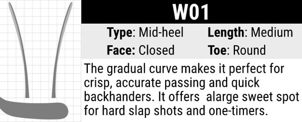 Warrior W01 Hockey Stick Blade Curve: Mid-heel Curve, Medium Length, Closed Face and Round Toe. The gradual curve makes it perfect for crisp, accurate passing and quick backhanders. It offers a large sweet spot for hard slap shots and one timers. 