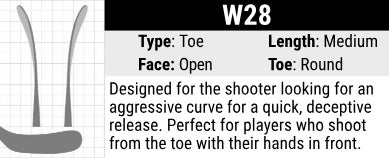 Warrior W28 Hockey Stick Blade Curve: Toe Curve, Medium Length, Open Face and Round Toe. Its unique design helps a player to shoot with the hands out front and close to the body, making it quick and easy to snipe all parts of the net.