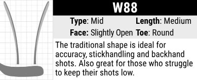 Warrior W88 Hockey Stick Blade Curve: Mid Curve, Medium Length, Slightly Open Face and Round Toe. Traditional curve that offers excellent versatility. It is easy to control the puck with and excels on all shots including the backhand.  