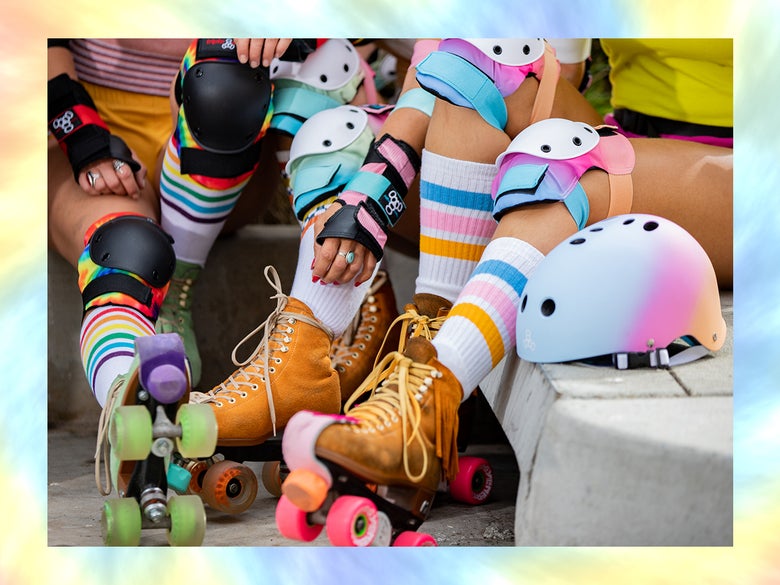 Two rollerskaters wearing Triple 8 Saver Series Protective Combo 3pk