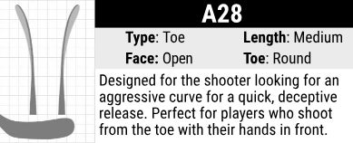 Alkali A28 Hockey Stick Blade Curve: Toe Curve, Medium Length, Open Face and Round Toe. Its unique design helps a player to shoot with the hands out front and close to the body, making it quick and easy to snipe all parts of the net. 