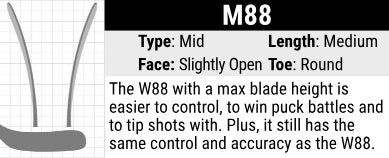 Warrior M88 Hockey Stick Blade Curve: Mid Curve, Medium Length, Slightly Open Face and Round Toe. Traditional curve that offers excellent versatility. It is easy to control the puck with and excels on all shots including the backhand.  