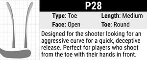CCM P28 Hockey Stick Blade Curve: Toe Curve, Medium Length, Open Face and Round Toe. Its unique design helps a player to shoot with the hands out front and close to the body, making it quick and easy to snipe all parts of the net. 