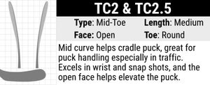 True Hockey TC2 Stick Blade Curve: Mid-toe Curve, Medium Length, Open Face and Round Toe. Mid curve helps cradle the puck, making it great for puck handling. Excels in wrist and snap shots and helps elevate the puck.