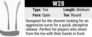 Warrior W28 Hockey Stick Blade Curve: Toe Curve, Medium Length, Open Face and Round Toe. Its unique design helps a player to shoot with the hands out front and close to the body, making it quick and easy to snipe all parts of the net.